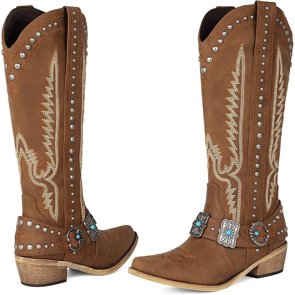 Women's Metallic Buckle Turquoise Knee High Rubber Rivet Western Brown Boots - Picture 3 of 6